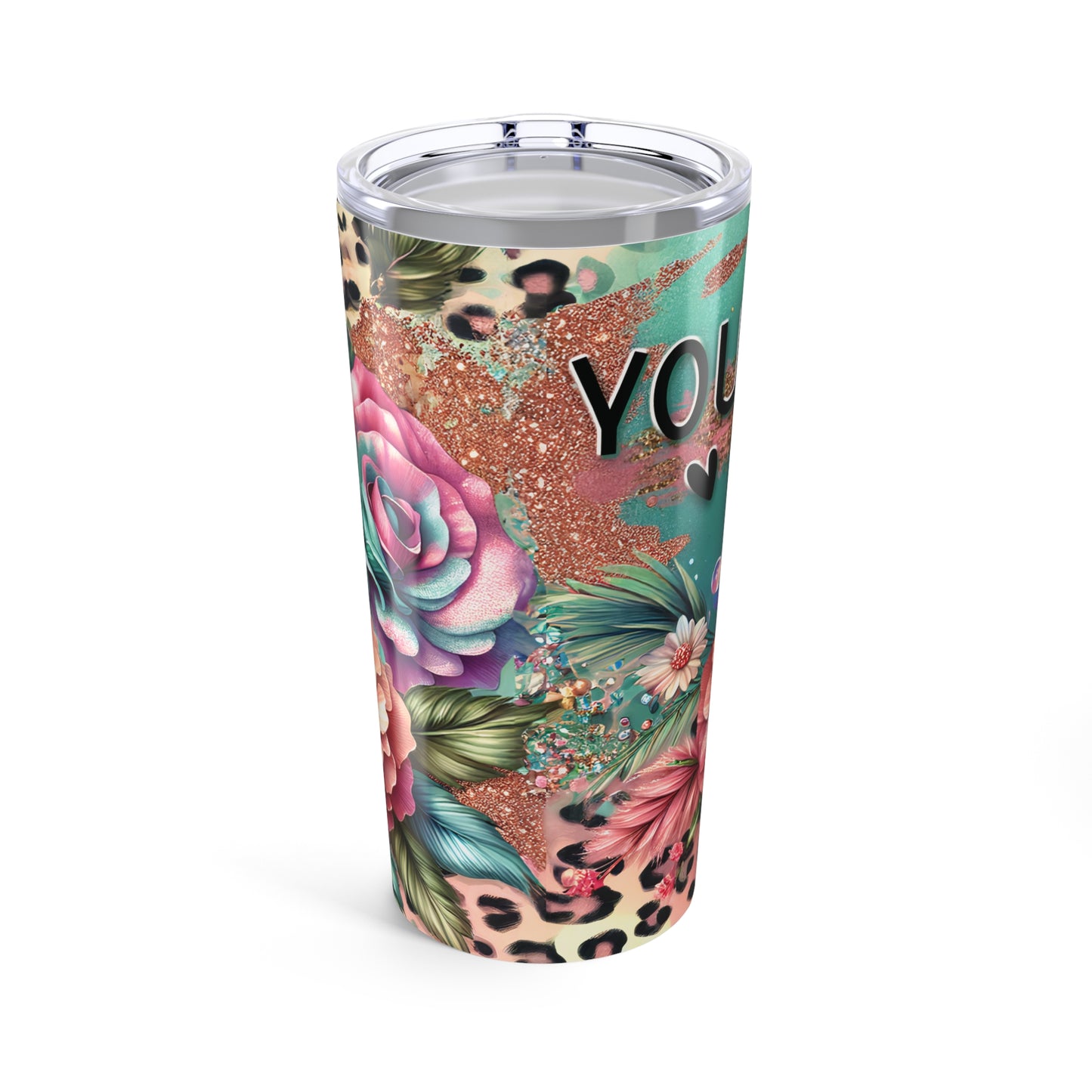 You Are Enough – Floral Sparkle Leopard Print Tumbler, 20oz