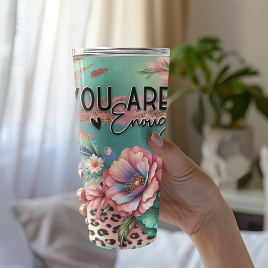 You Are Enough – Floral Sparkle Leopard Print Tumbler, 20oz